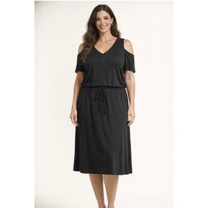 Soft Surroundings Black Cold Shoulder Midi Dress Cotton Knit Drawstring Waist L